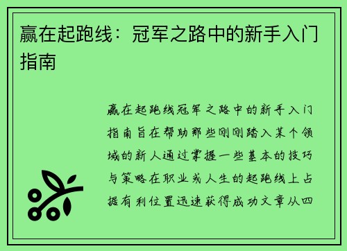 赢在起跑线：冠军之路中的新手入门指南